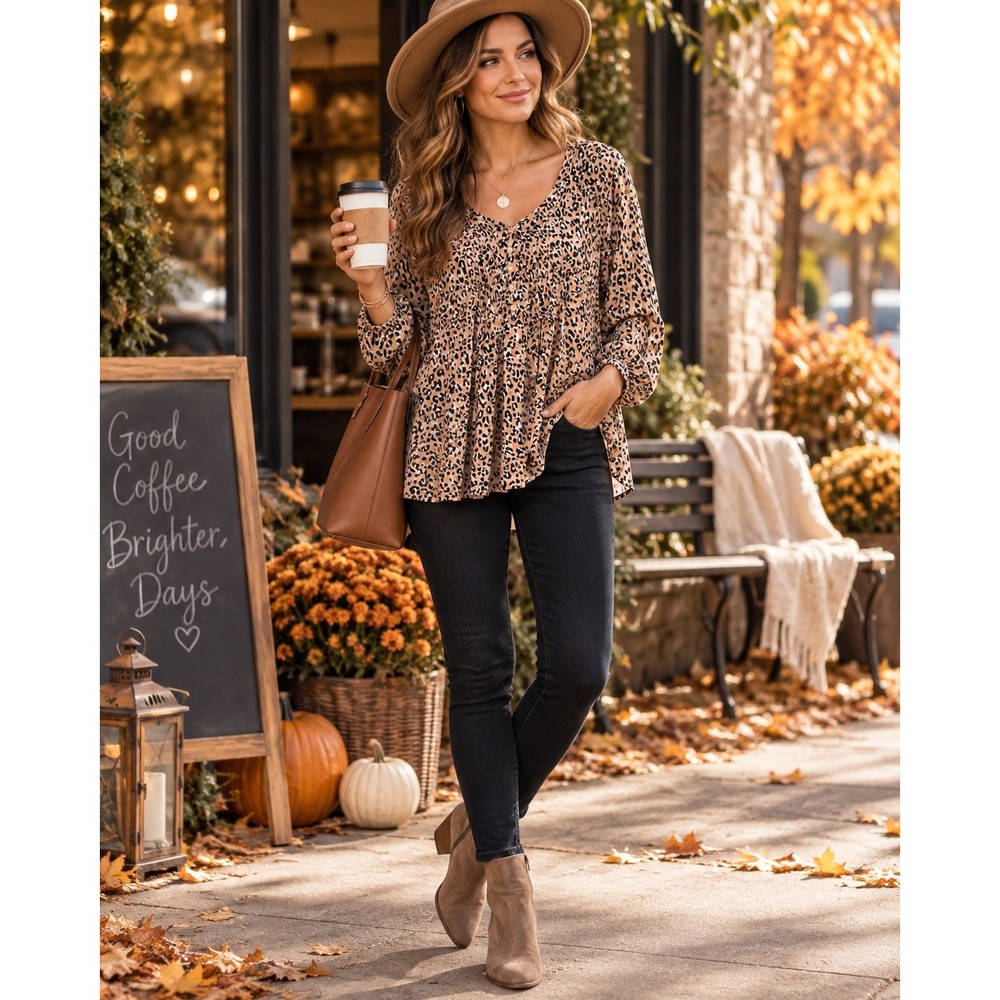 Women's 2X Leopard Print Tunic Blouse Smocked Roll Tab Sleeve Boho Fall Top